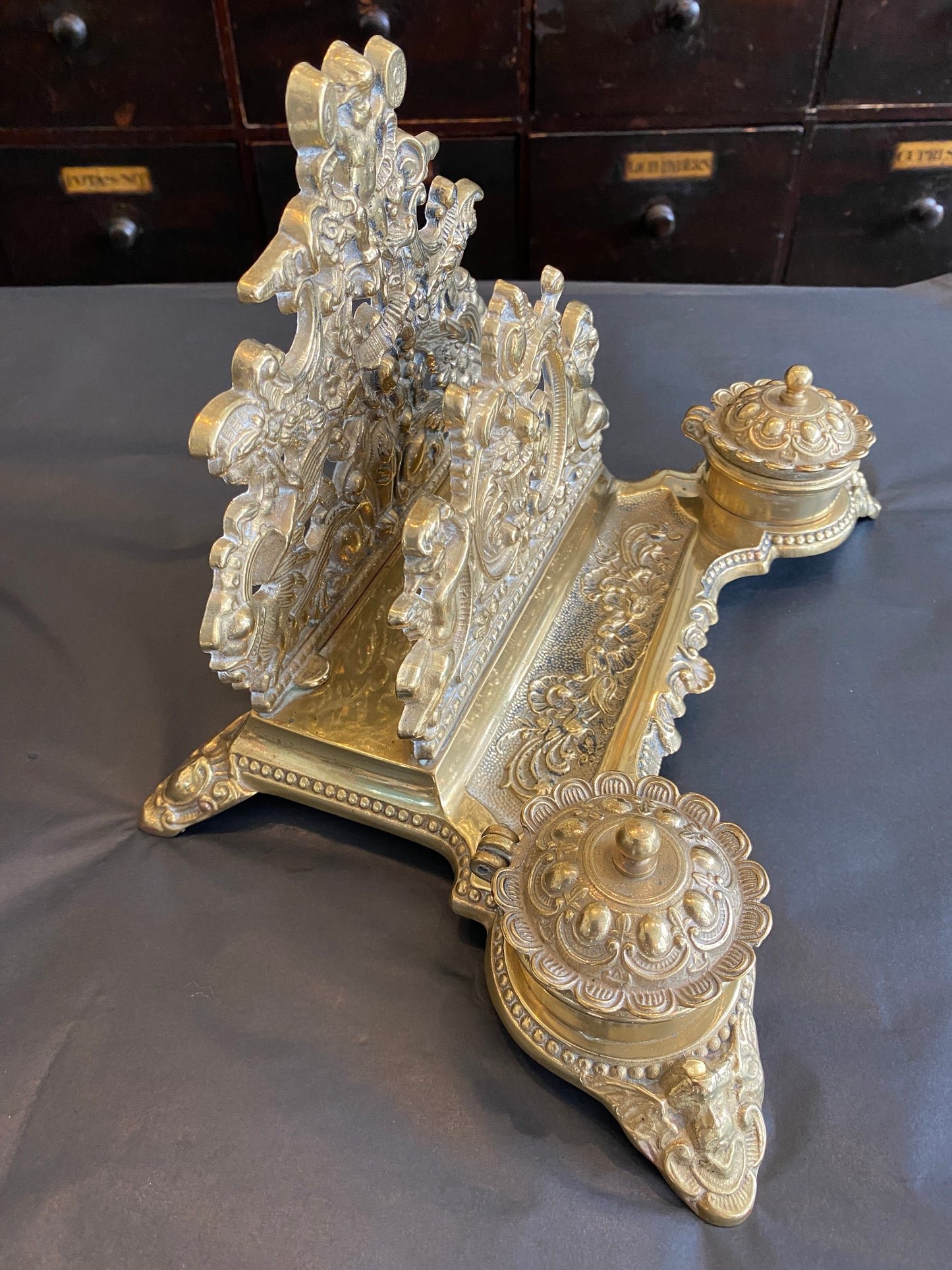 Vintage Brass Inkstand with two Inkwells