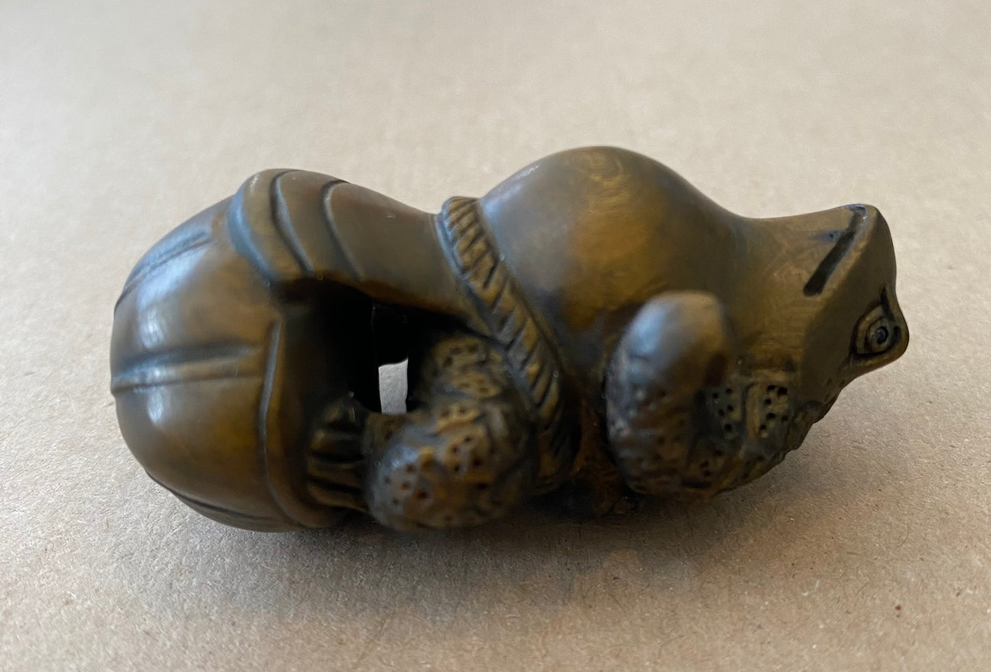 Carved Wooden Sumo Toad Netsuke