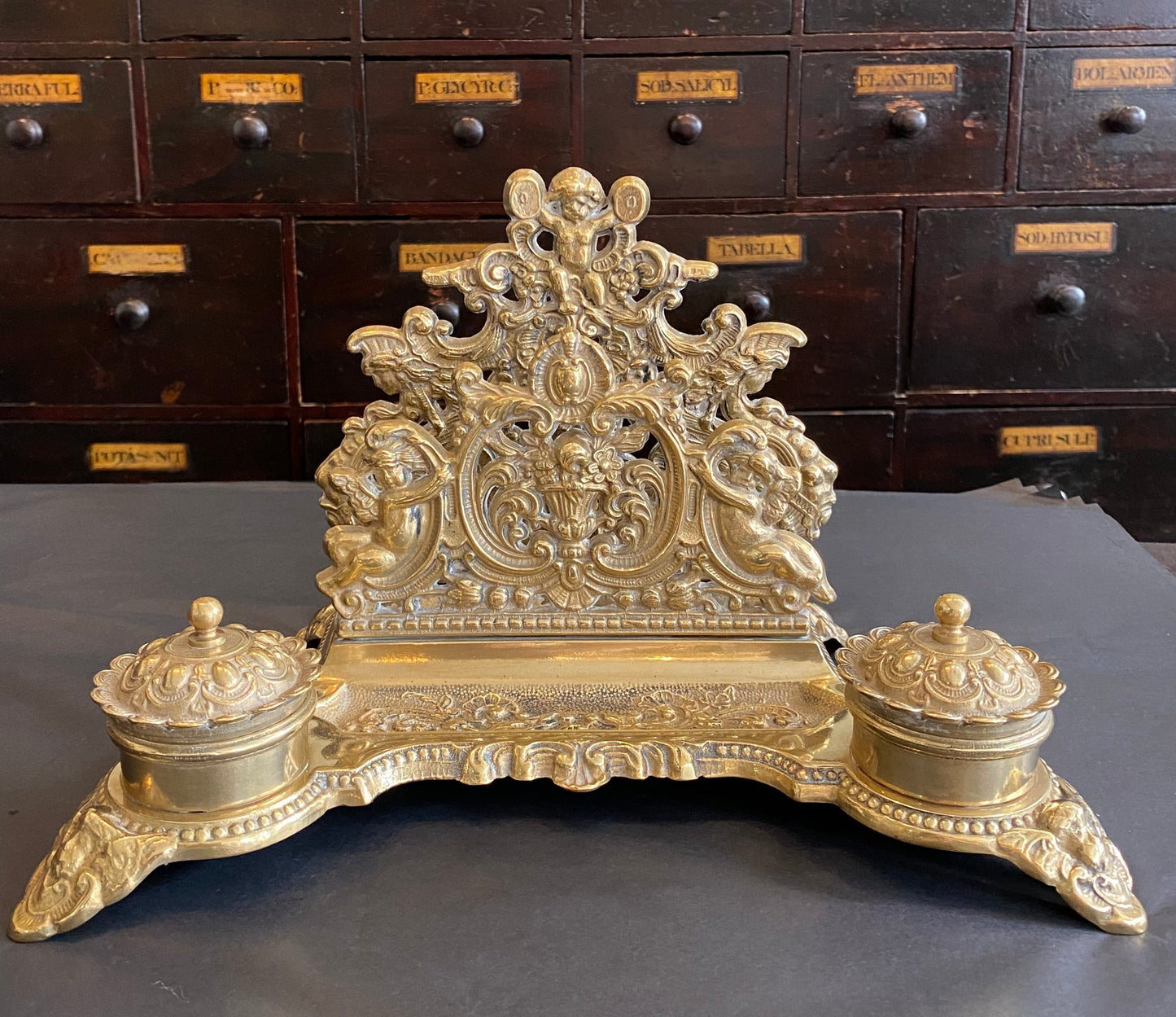 Vintage Brass Inkstand with two Inkwells