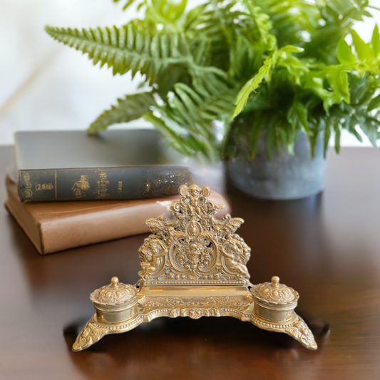 Vintage Brass Inkstand with two Inkwells